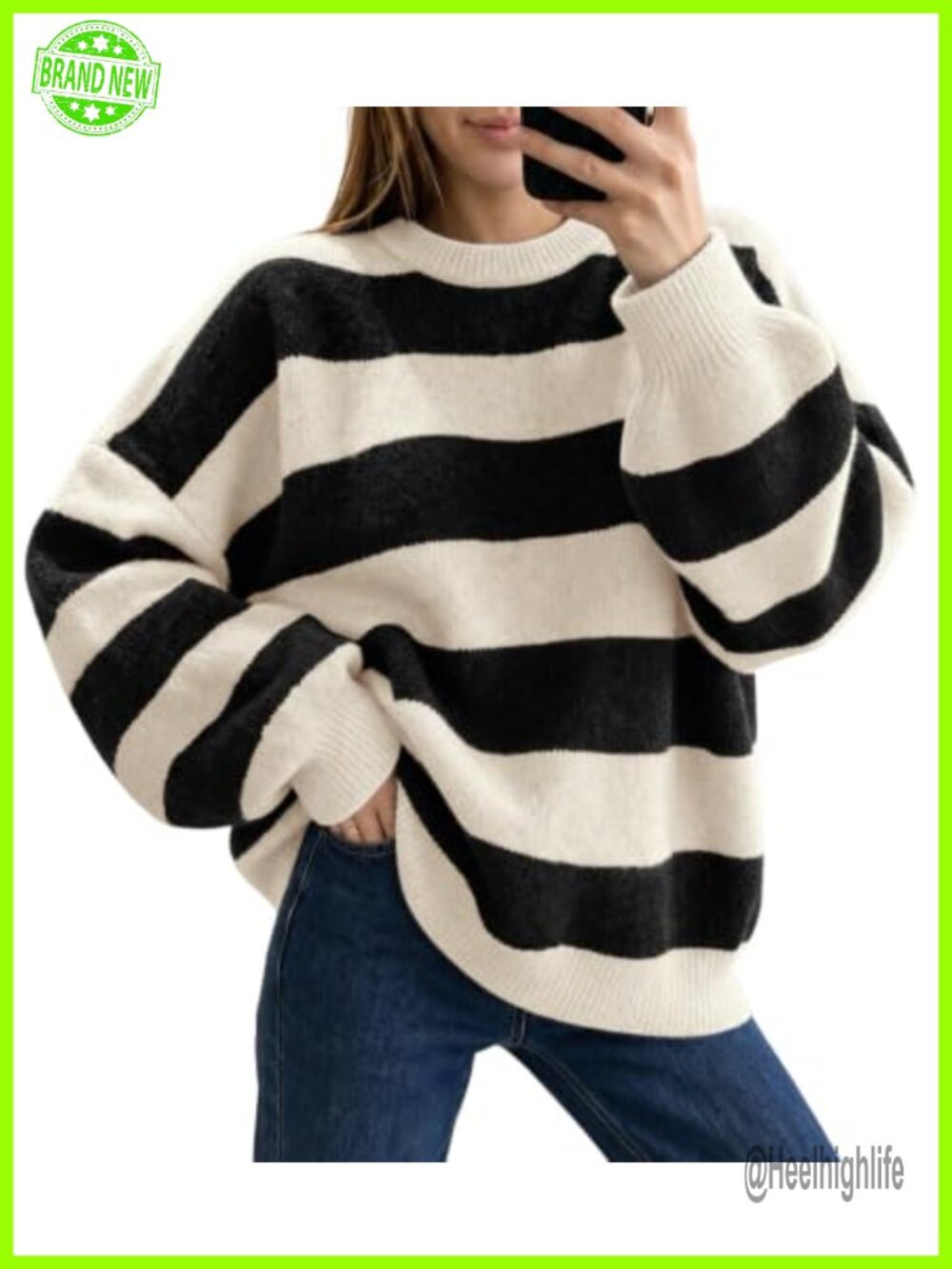 Oversized Striped Color Block Knit Pullover Sweater Lantern Sleeve